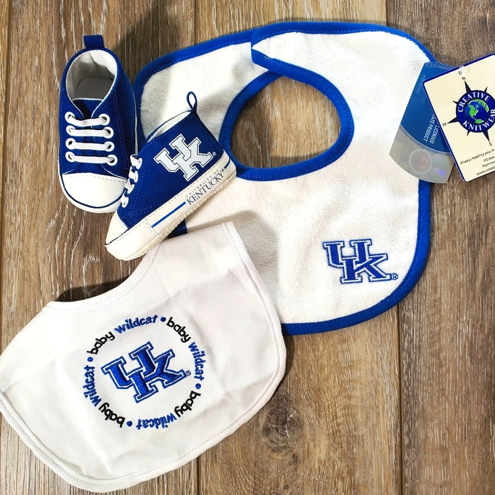 University of Kentucky Blue and White Set Of 2 Baby Bibs And 1 Pair Crib Shoes